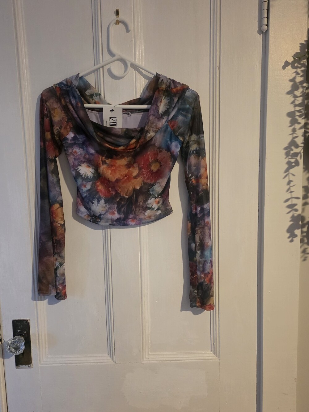 ​12TH TRIBE Floral Mesh Cowl Neck Crop Top – Long Flared Sleeve